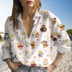 Winnie The Pooh Linen-look Shirt, Pooh And Friends Shirt For Women, Disney Valentine Long Sleeve Shirt, Gift For Her, Valentine Shirt
