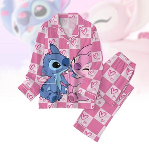 Stitch And Angel Valentine Pajamas Set, Disney Valentine Pajamas For Her, Disney Stitch Pajamas Women, Magic Kingdom Pajamas Family