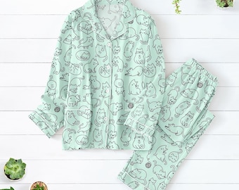 Cute Cat Pajamas Set, Cartoon Kitty Sleepwear Pjs For Women, Animal Lover Family Pajamas, Cat Lover Matching Pajamas, Halloween Pajamas