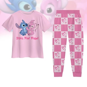 Stitch And Angel Valentine Pajamas Set, Disneyland Trip Tshirt And Pants, Magic Kingdom Pajamas Family, Disney Stitch Pajamas Women