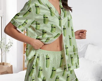 Pickle Lover Short Satin Pajamas, Kind Of A Big Dill Silk Pajamas For Women, Funny Pickle Pajamas Shorts, Pickle Baby Pajamas Set