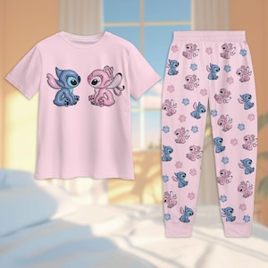 Stitch And Angel Pajamas Set, Disney Stich Tshirt And Pants, Magic Kingdom Outfit, Disney Valentine Pajamas For Her, Valentine Gift