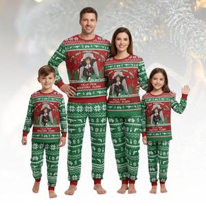 May include: Matching family Christmas pajamas in red, green, and white. The long-sleeved tops feature a graphic of a man and the text "HANS GRUBER FALLS FROM NIKATOMI PLAZA". The pants have a repeating pattern of snowflakes, guns, and dollar signs.