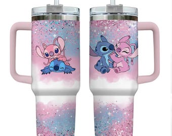 Bicchiere Stitch e Angelo per San Valentino da 40 oz, Bicchiere Stitch Lilo a forma di cuore, Idee regalo per anniversario, Regalo di San Valentino con cartoni animati Disney, Regalo per lei