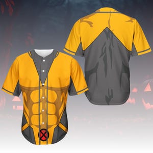 May include: Yellow and grey baseball jersey with a superhero costume design. The front has a stylized torso with an X-Men logo. The back of the jersey is grey with yellow accents. The jersey has short sleeves and a button-up front.