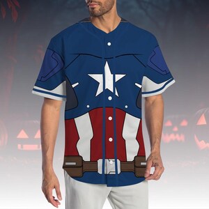 Captain America Costume Baseball Jersey, Superhero Cosplay Shirt, Marvel Jersey Outfit, Comic Costume Top For Fan, Halloween Costume