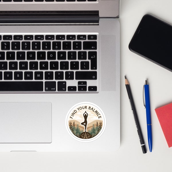 Find Your Balance Sticker - Peaceful Yoga Silhouette Design, Inspirational Nature Landscape Decal, Perfect for Laptops and Water Bottles