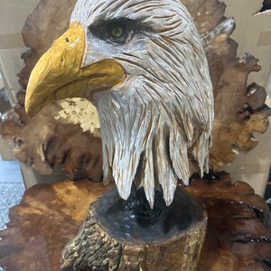 May include: A hand-carved wooden sculpture of a bald eagle's head, with realistic details and a natural wood finish. The eagle's head is mounted on a wooden base.