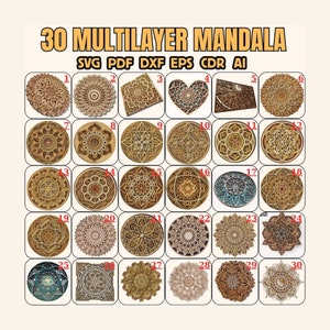 Pack Mandala 3D Découpé au Laser de 30 Pièces pour Glowforge, CNC et Cricut - Fichiers de Décor Art en Bois Multicouches
