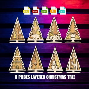 8 gelaagde kerstboom lasergesneden bundel – SVG-, pdf-, CDR-, ai-, dxf-bestanden – feestelijke 3D-boomsjabloon voor lasersnijden en knutselen