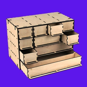 Caja organizadora SVG cortada con láser con cajón - Glowforge & Cricut File - Diseño de gabinete de almacenamiento digital - Proyecto de corte láser- 3 mm