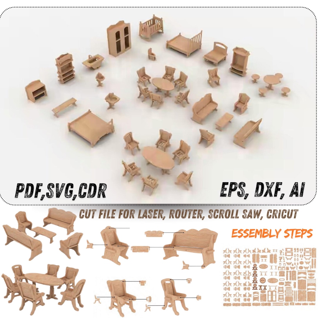 Doll House Furniture Patterns 3D Puzzle, Laser Cut, Scroll Saw, CNC