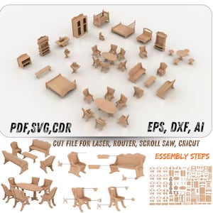 Patronen voor poppenhuismeubels - 3D-puzzel, lasergesneden, figuurzaagmachine, CNC-routersjablonen - SVG-patroonbestanden voor DIY miniatuurmeubels - 3 mm