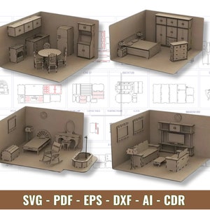 Laser-geschnittene Puppenhaus Möbel Bundle SVG - 3mm Glowforge-Datei - DIY Miniatur Möbel Schnittplan -Puppenhaus Zubehör-Sofort Download