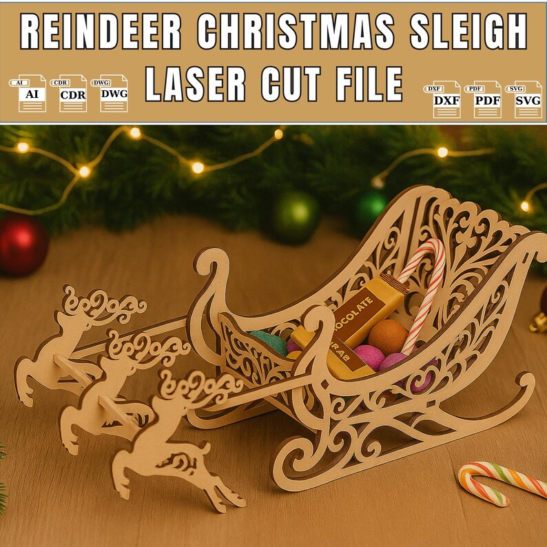 Reindeer Christmas Sleigh Laser Cut File | 3mm Wood Ornament Template ...