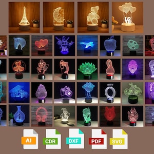 Paquete de más de 50 lámparas LED 3D con ilusión acrílica Lámpara LED 3D con ilusión acrílica Archivo grande Lámpara LED acrílica vectorial svg, cdr, dxf, ai, pdf Luz nocturna LED 3D vectorial
