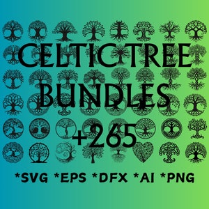 Puede incluir: Una colección de más de 265 diseños de árboles celtas en negro sobre un fondo degradado verde. Los diseños incluyen varias formas de árboles, nudos y símbolos. El texto "Celtic Tree Bundles" está en letras grandes y negritas. El texto "*SVG *EPS *DFX *AI *PNG" está en la parte inferior de la imagen.