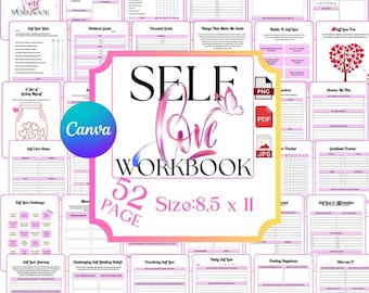 Editable Canva Workbook, Self-love Workbook,  Self Care Planner, Editable Self-Care & Self-Love Journal, Canva Template