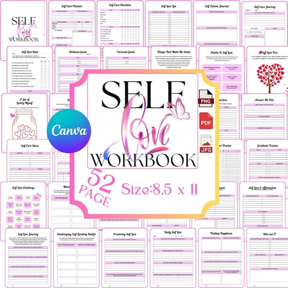 Editable Canva Workbook, Self-love Workbook,  Self Care Planner, Editable Self-Care & Self-Love Journal, Canva Template