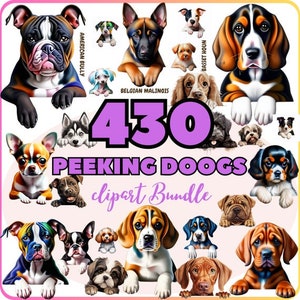 Dog Clipart Bundle, 430 Watercolor Dog Clipart Sublimation Designs, Peeking Dog, Dog Breeds, Dogs Digital Illustration, Puppy Portrait