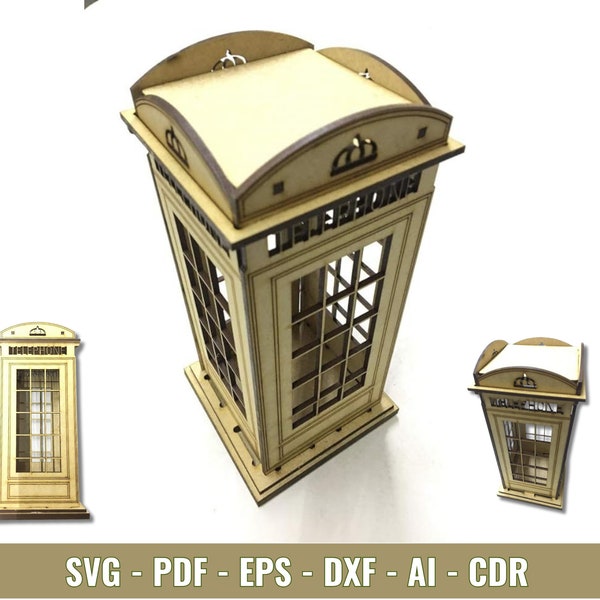 Laser Cut Wooden British Telephone Booth Model - Vintage Decor - Classic Red Telephone Box- DIY Laser Template SVG for Cricut &Glowforge