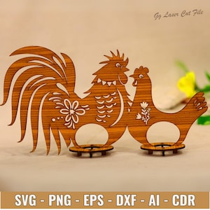 Porte-oeufs de poule découpé au laser : motif coq de Pâques, support en contreplaqué de 3 mm - fichier numérique pour découpe laser CNC, décor de contreplaqué rustique
