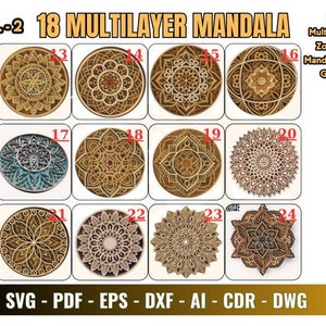 18 mandala multicouche, mandala multicouche découpé au laser, conception de mandala, fichier découpé au laser mandala, fichier Svf mandala, lot de mandalas multicouche