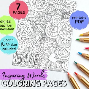 adult coloring pages mandala zentangle, positive quotes live laugh love, abstract coloring book pages, digital download printable PDF