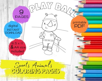 May include: A black and white colouring page featuring a rhinoceros playing baseball. The page is titled "Play Ball" and includes the text "9 Pages", "Digital Instant Download", "Printable PDF", "8.5 x 11 & A4 size included", and "Sports Animals Colouring Pages".