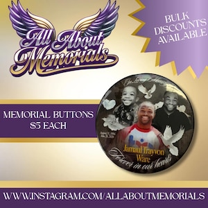 May include: A memorial button featuring a photo of three people and doves, with the text "In Loving Memory" and "Forever in our hearts." The button is part of a collection called "All About Memorials."