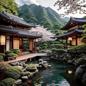 May include: A traditional Japanese garden with two wooden buildings, a koi pond with lily pads, and a mountain in the background.