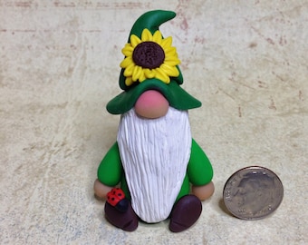 Sunflower Gnome Figurine - Hand Sculpted Polymer Clay Summertime Gnome