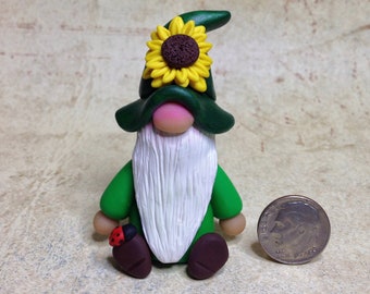 Sunflower Gnome Figurine - Hand Sculpted Polymer Clay Summertime Gnome