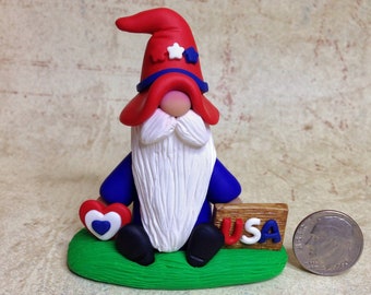 Gnome Figurine for 4th of July - Hand Sculpted Clay Independence Day Gnome  - Patriotic Gnome Figure