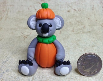 Koala Figurine - Hand Sculpted Miniature Clay Halloween Koala Figurine - Koala Dressed as a Pumpkin