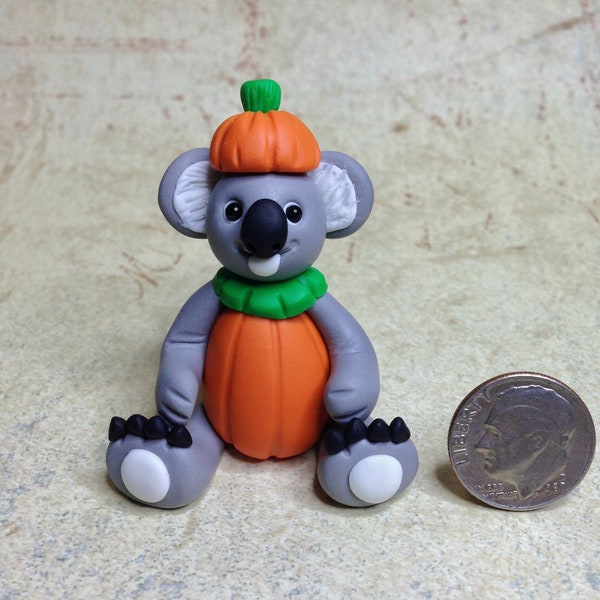 Koala Figurine - Hand Sculpted Miniature Clay Halloween Koala Figurine - Koala Dressed as a Pumpkin