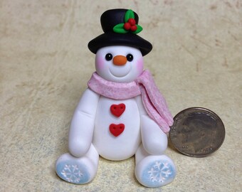 Tiny Snowman Figurine - Miniature Hand Sculpted Clay Snowman