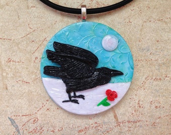 Raven Pendant - Raven Necklace - Hand Sculpted Polymer Clay Raven and Rose Jewelry