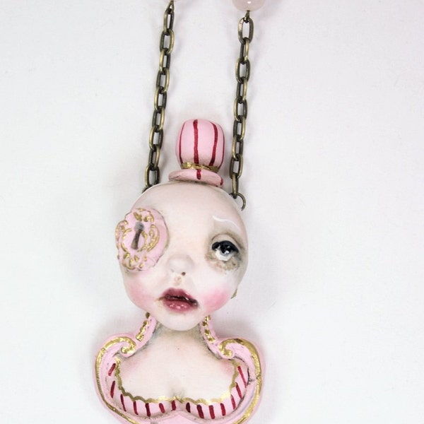 Original Sculpture Steampunk Soul Keyhole Lady Pink and Burgundy Necklace