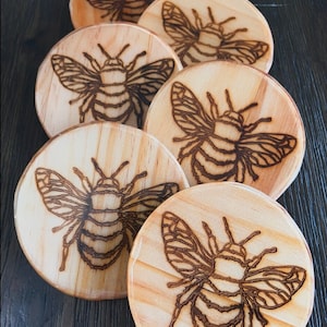 Bumble bee coaster set, set of 6 plus holder, laser engraved, stained, epoxied