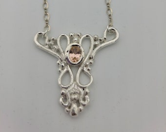 Collar, Morganita, Arcilla metálica de plata fina, Oval, Zirconia cúbica, Piedra de melocotón, Joyería de lujo, Hecho a mano, Chakra del corazón, Piedra rosa, Firmado