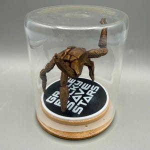 May include: A bronze-colored, multi-limbed creature figurine enclosed in a clear glass dome on a wooden base. The circular black platform beneath the figure features the white text "GRACE ROCKS SAVE STARS" printed in a bold, sans-serif typeface.