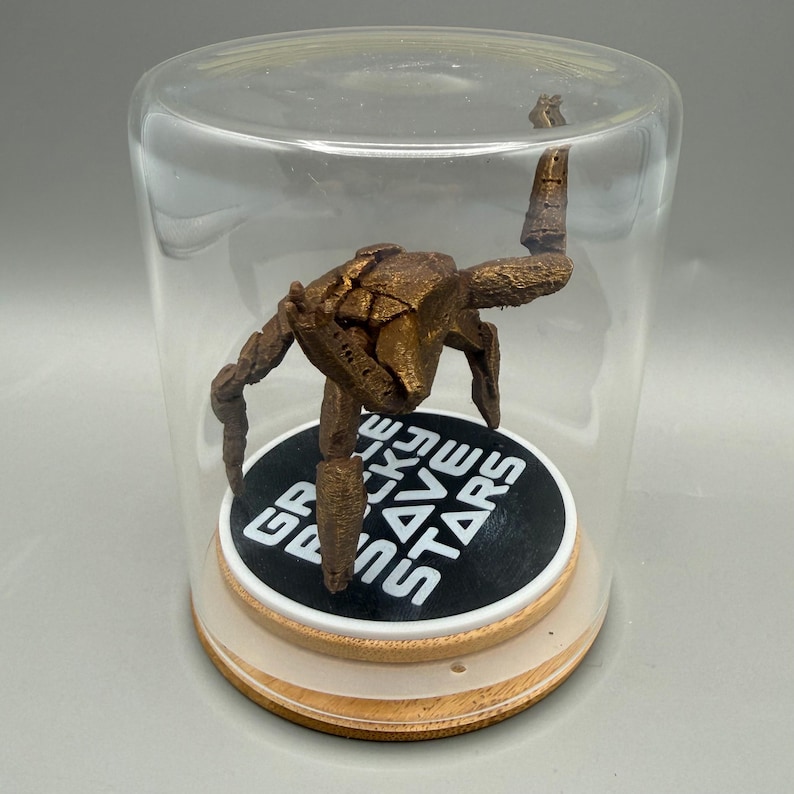 May include: A bronze-colored, multi-limbed creature figurine enclosed in a clear glass dome on a wooden base. The circular black platform beneath the figure features the white text "GRACE ROCKS SAVE STARS" printed in a bold, sans-serif typeface.