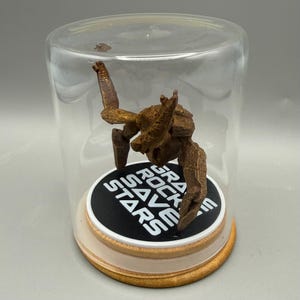 May include: A bronze-colored, textured rock-like figure stands inside a clear glass dome on a circular base. The base features a black circular insert with the white text "GRAVITY ROCKS SAVE STARS" printed in a bold, sans-serif font.