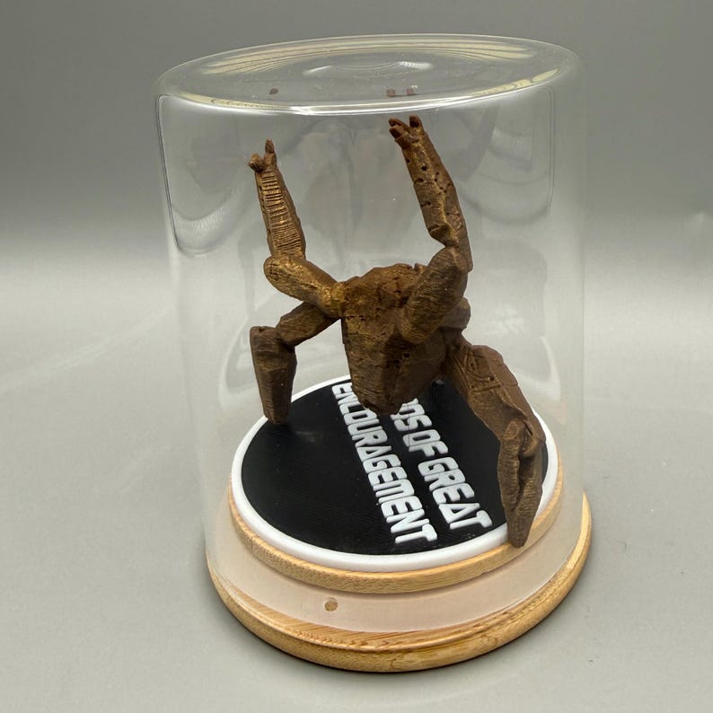 May include: A brown, textured, multi-legged creature figurine enclosed in a clear glass dome on a light wood base. The black circular platform inside features the white text "WORDS OF GREAT ENCOURAGEMENT" printed in a bold, sans-serif font.