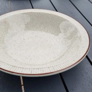 Könnte beinhalten: Eine weiße Keramikschüssel mit braunem Rand und einer gesprenkelten Oberfläche. Die Schüssel ist leer und steht auf einer grauen Holzoberfläche.