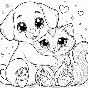 Op de afbeelding: Een zwart-witte lijntekening van een hond en een kat die elkaar knuffelen. De hond heeft grote ogen en een brede glimlach. De kat heeft grote ogen en een kleine glimlach. Er zijn harten en sterren op de achtergrond.