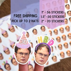 May include: Dwight Schrute stickers featuring birthday-themed designs. Available in 2.5 cm, 3.8 cm, and 5 cm sizes. The image also includes the text "FREE SHIPPING" and "PICK UP TO 2 HATS".