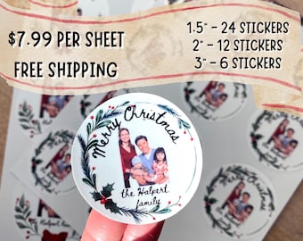 Custom Christmas Sticker Sheet. Merry Christmas Gift Tags With Personalized Photos  Circle, Glossy, Waterproof