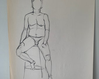 Original figure drawing. Figure sketch, charcoal on newsprint 18x24 inches. Academic live figure study. Add to create a unique gallery wall.